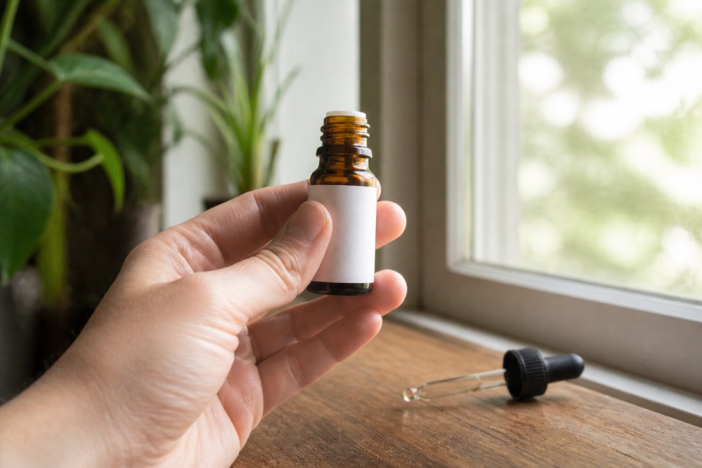 Close-up of a hand holding a small amber glass essential oil bottle up to natural window light, with a white paper label visible and a dropper cap beside it on a wooden table