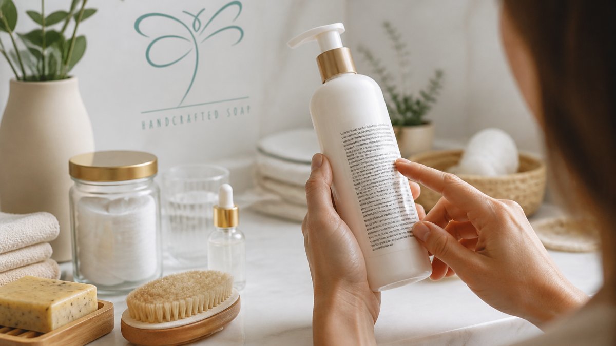 Close-up of a person's hands holding a body lotion bottle, one finger pointing at the ingredient list on the back label, soft natural light, clean bathroom counter background