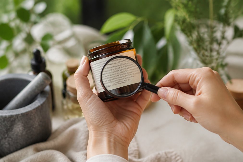 Close-up of hands holding a natural skincare product jar, examining the ingredient label with a magnifying glass in natural daylight