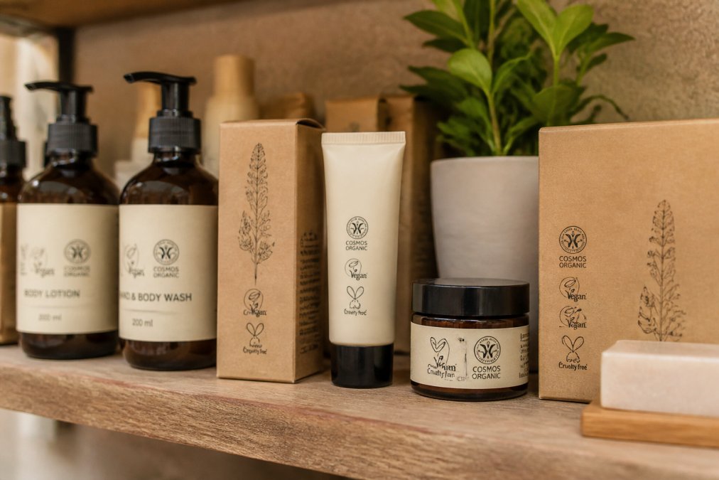 Assorted natural skincare products displayed on a wooden shelf, showing visible certification badges and seals on their packaging