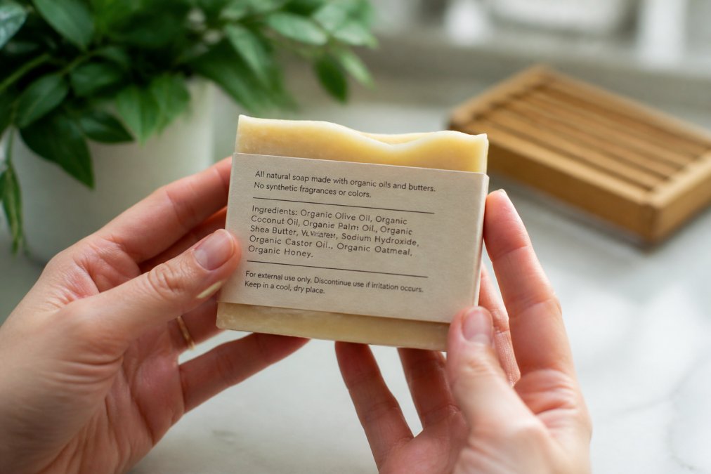 Close-up of hands holding a natural soap bar with visible ingredient label showing clear text and transparency against a bright, natural background