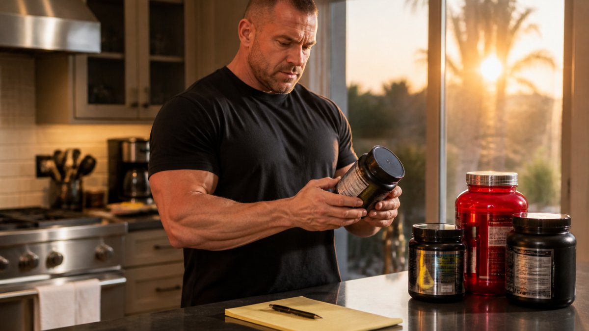 Person holding a supplement bottle to examine the facts panel on a kitchen counter with a notepad and pen nearby.