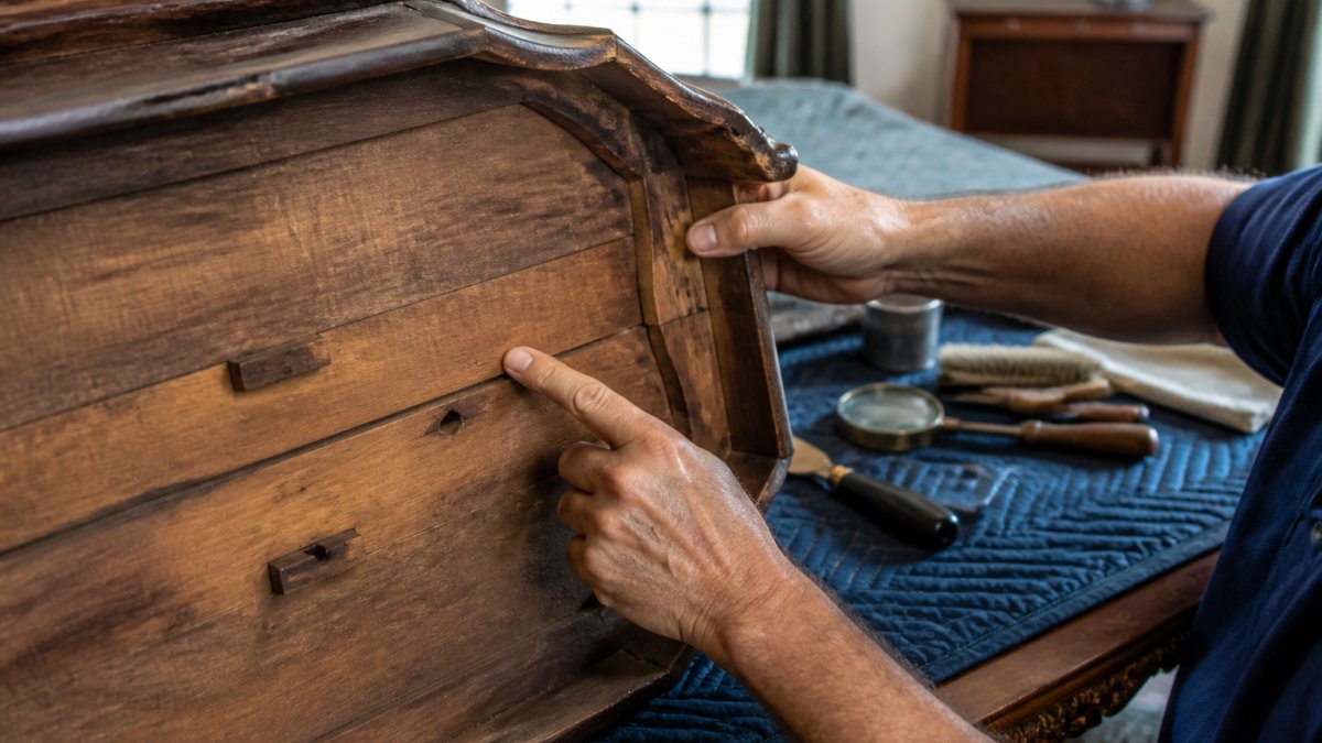 Hands examining maker's marks on wooden furniture to identify valuable antiques by checking construction joints.
