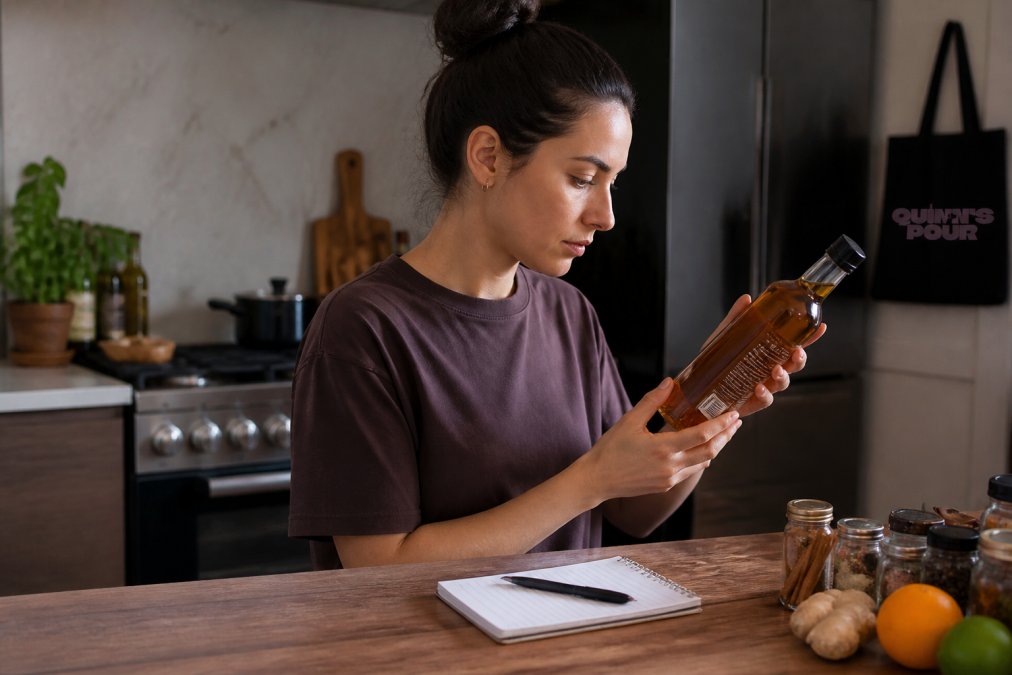 A person in a well-lit kitchen holding a bottle of spiced rum, closely examining the back label for certification marks, with a notepad and pen on the counter nearby