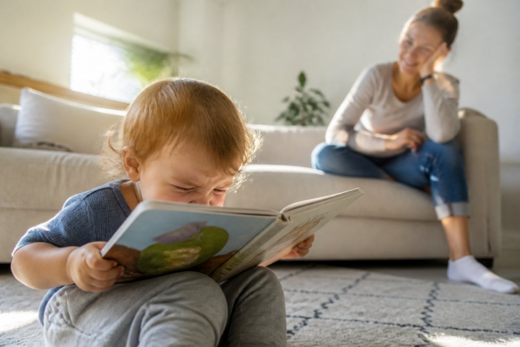 A toddler squinting while holding a picture book close to their face, parent watching from a couch in a sunlit living room