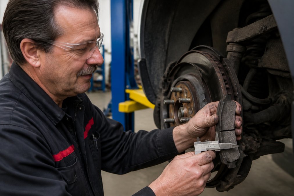 Close-up of a hand holding a brake pad thickness gauge against a new truck brake pad, with the wheel assembly removed in a well-lit garage