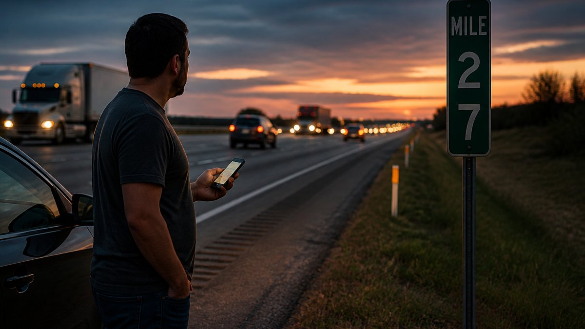 A stranded driver standing safely on the shoulder of a highway at dusk, holding a smartphone and looking toward a mile marker sign, with traffic passing in the background