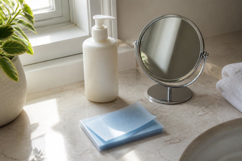 Overhead shot of a bathroom counter with a gentle cleanser, a small mirror, and a pack of blotting sheets laid out neatly, soft morning light through a window, calm and organized, no people in frame