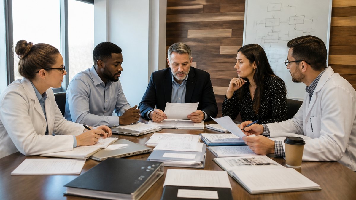 A diverse team of food safety professionals in a bright conference room reviewing documents and a whiteboard with process notes