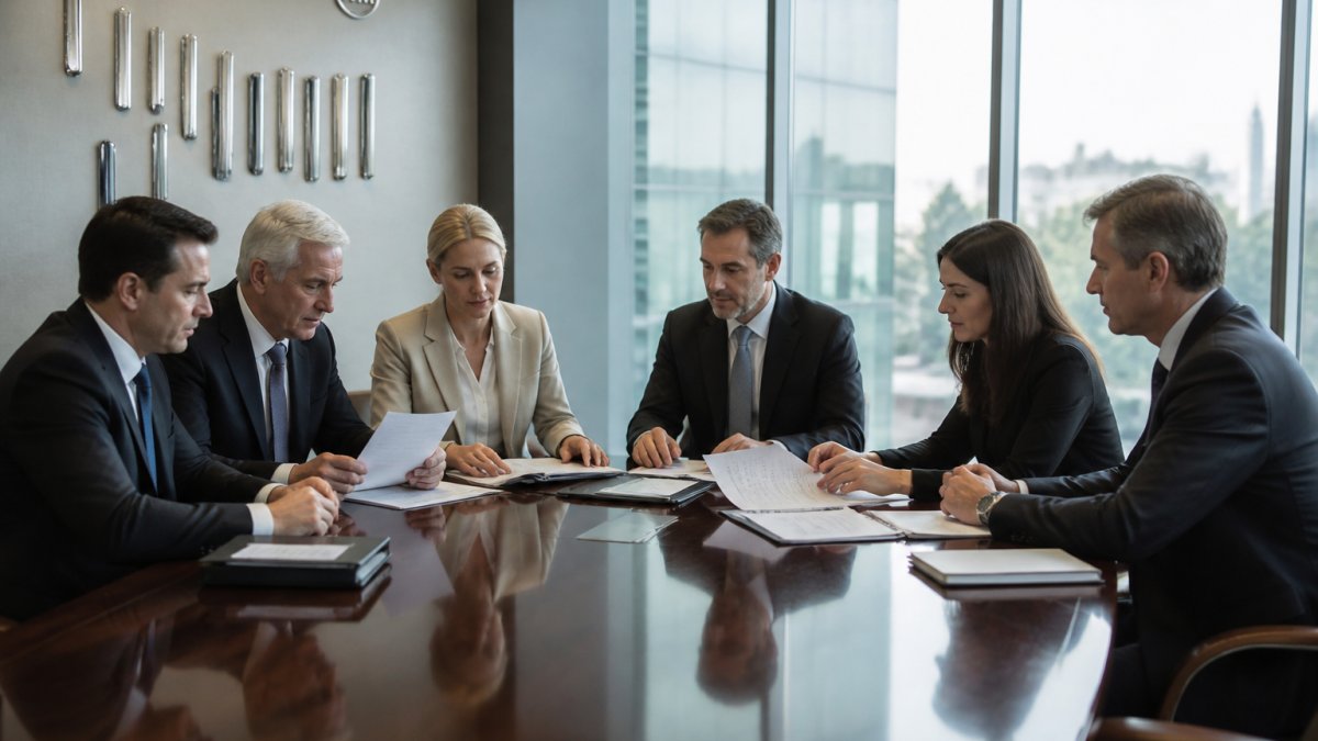 Family office team of advisers and trustees gathered around a polished conference table reviewing governance documents, risk assessments, and investment reports in a modern boardroom with natural lighting from floor-to-ceiling windows