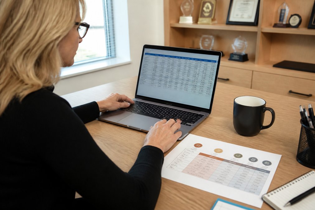 An HR manager at a desk reviewing a tiered service award budget spreadsheet on a laptop, with a printed milestone chart and a coffee mug beside it, in a bright office setting