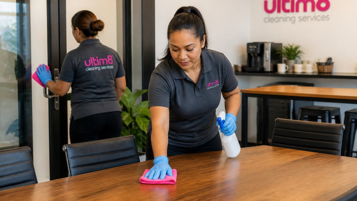 How to Implement a Weekly Office Cleaning Schedule 7 Infographic showing a weekly office cleaning schedule for a janitorial team sanitizing a modern break area.