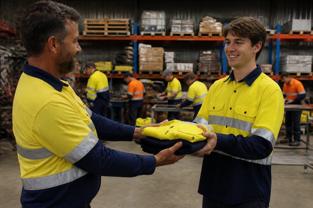 A site supervisor handing a folded high-visibility shirt and pants set to a new worker at a warehouse, with the team working in the background wearing matching yellow and orange reflective gear