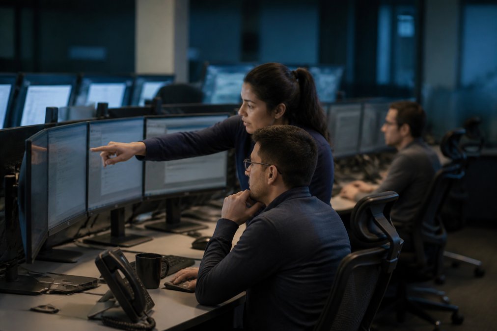 A security operations center with engineers monitoring screens displaying approval queues and system dashboards, one analyst pointing at a pending authorization alert under low blue-toned lighting