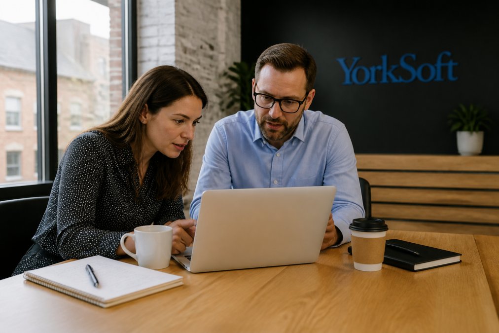 A small business owner and a marketing manager reviewing analytics dashboards on a laptop in a bright modern Northampton office, charts visible on screen, a notepad and coffee on the desk