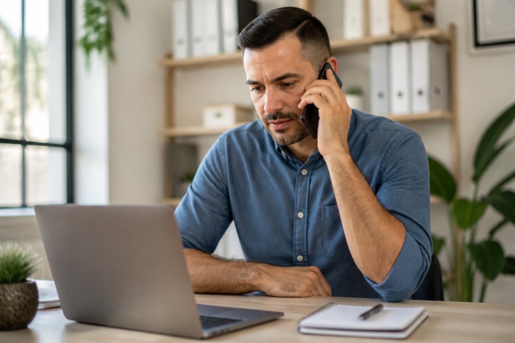A small business owner in a bright office listening to a phone call while reviewing a laptop dashboard showing incoming lead activity
