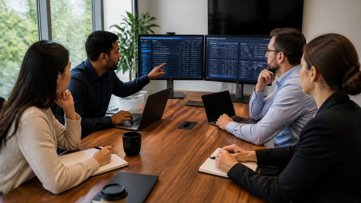 Professional IT operations team collaborating at a conference table, reviewing dashboards and incident data on multiple screens, discussing automation strategy with natural office lighting