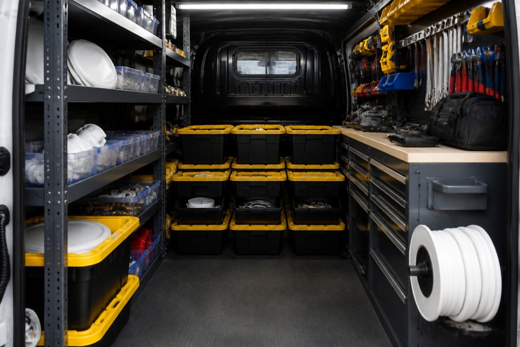 Interior of a well-organized work van with labeled bins containing pre-kitted plumbing boxes, wall-mounted shelving with clearly marked sections for toilet, sink, and shower kits, and tool storage running along both side walls under fluorescent lighting