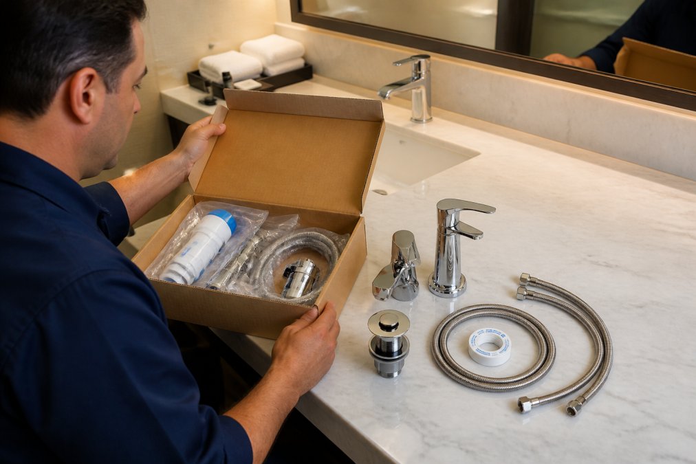 A maintenance technician in a navy uniform opening a pre-kitted bathroom repair box on a hotel bathroom counter, with OEM-grade plumbing components including a fill valve, supply lines, and cartridge laid out neatly beside a white porcelain sink under warm bathroom lighting
