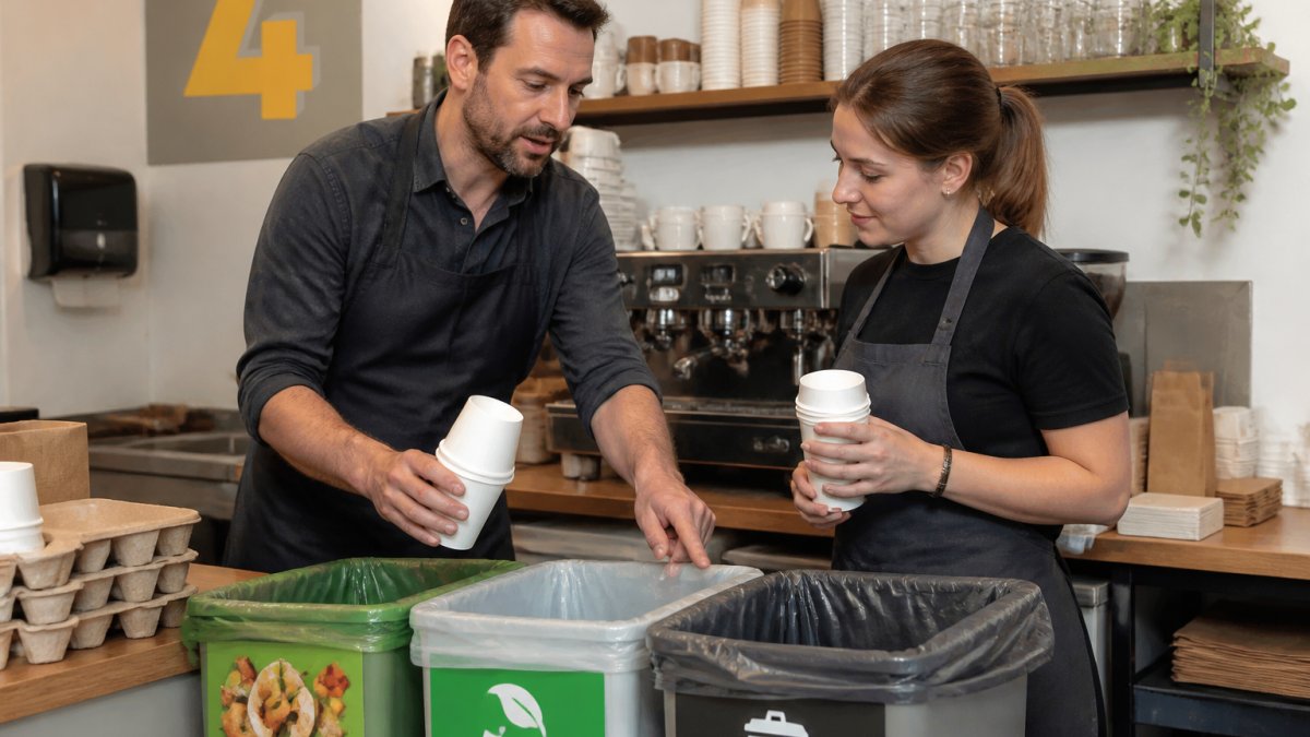 Infographic showing staff training on how to correctly sort compostable packaging into designated waste bins