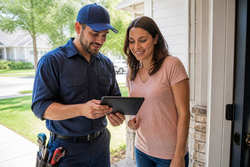 A plumbing contractor in work uniform showing a tablet with a digital contract to a homeowner at their front door, both looking at the screen together in daylight
