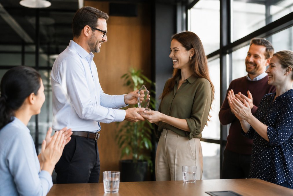 A manager in a modern Australian office handing an engraved glass award to a smiling employee while colleagues watch and clap, warm natural light