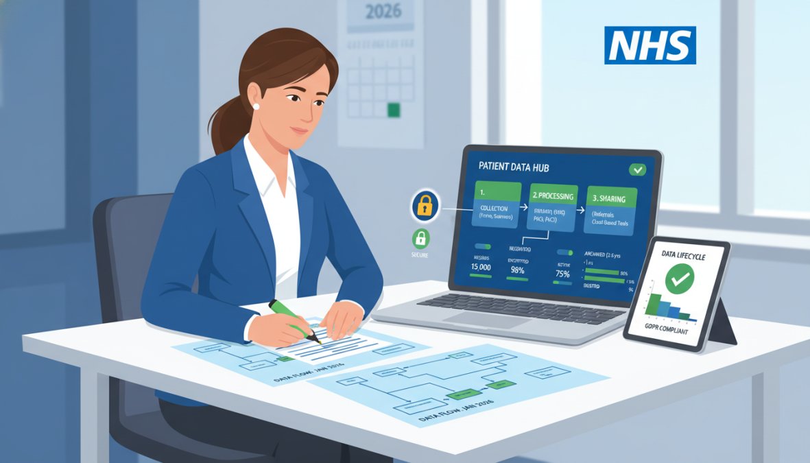 A [practice](/healthcare-practice-management-solutions-uk/) manager sitting at a desk reviewing printed data flow documents alongside a laptop displaying a clinical records system, in a professional NHS-style office environment with overhead fluorescent lighting and framed certificates on the wall
