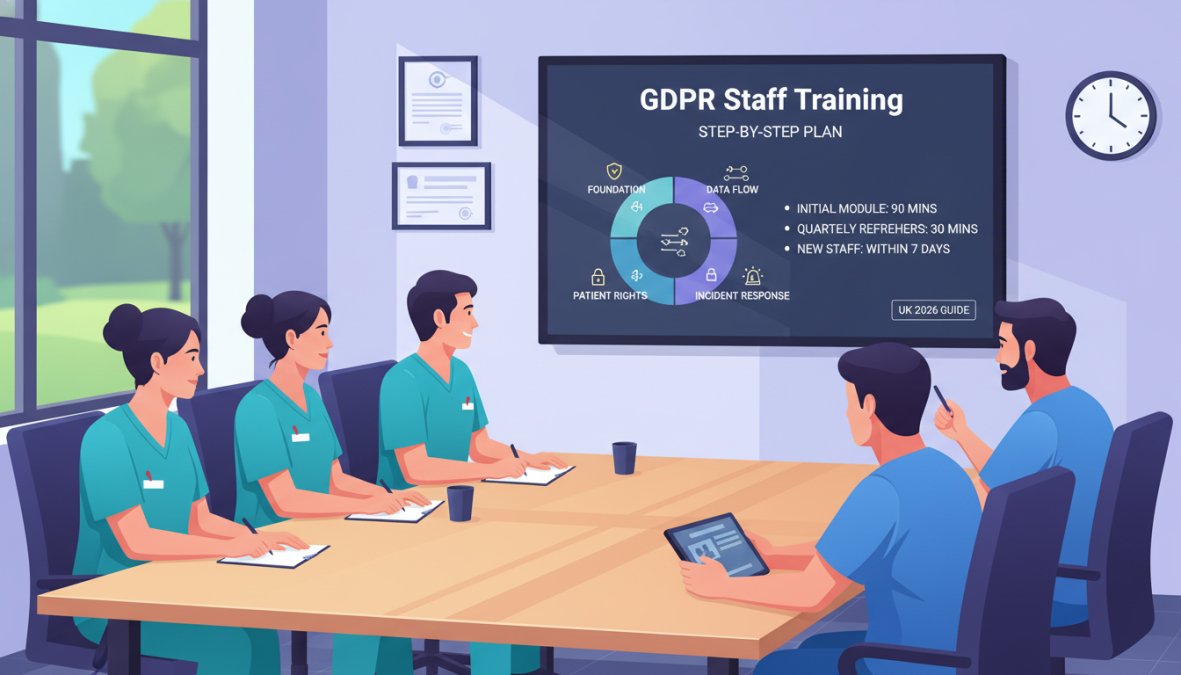 A small group of medical reception and nursing staff gathered around a conference table in a GP practice meeting room, attentively watching a training presentation on a wall-mounted screen, with notebooks and printed materials on the table under warm overhead lighting