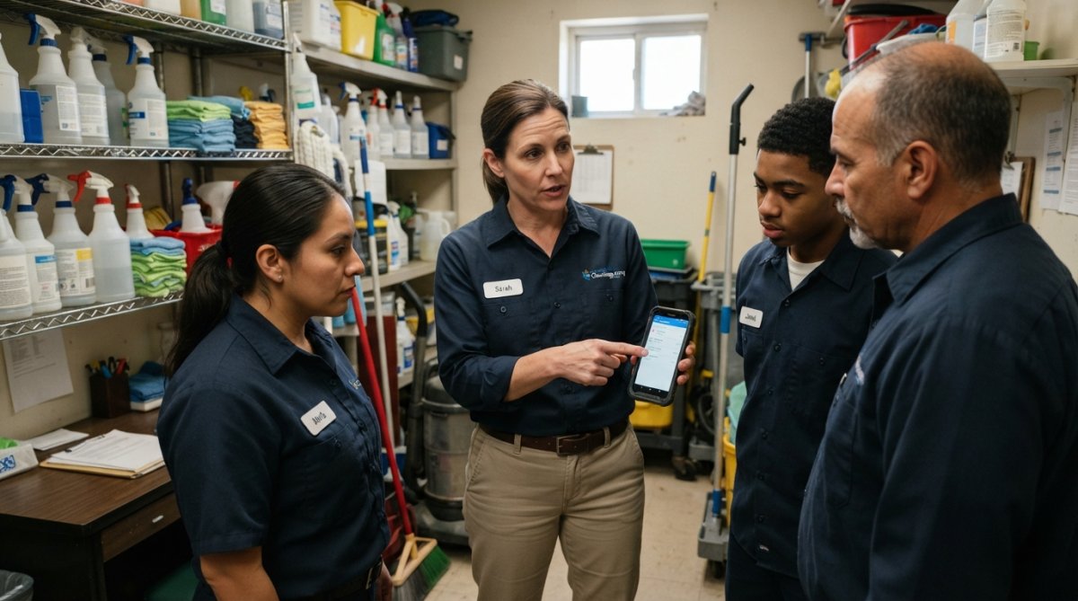 Supervisor demonstrating the janitorial scheduling software mobile app to a cleaning team during a training session