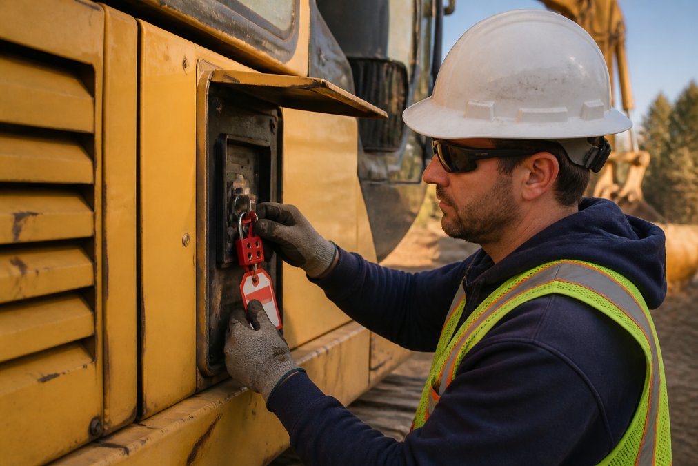 A construction worker in safety gear attaching a red safety padlock and tag to an electrical disconnect switch on a piece of heavy equipment at an outdoor job site, late afternoon light