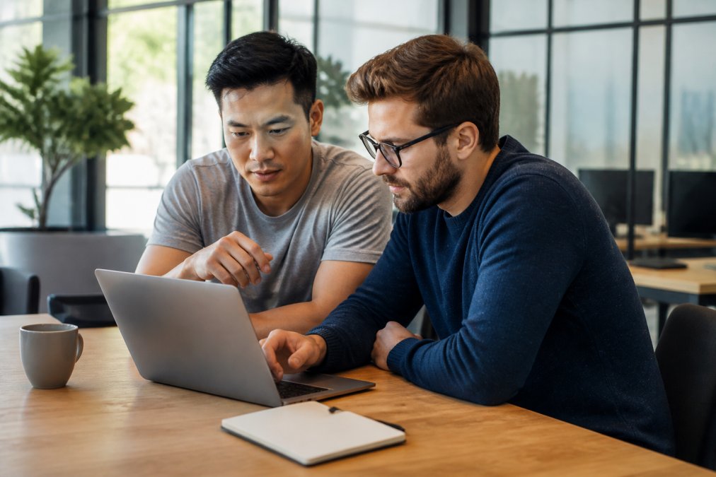 A startup founder and IT manager reviewing a laptop screen showing a SaaS application dashboard in a bright modern office, with a notebook and coffee on the desk