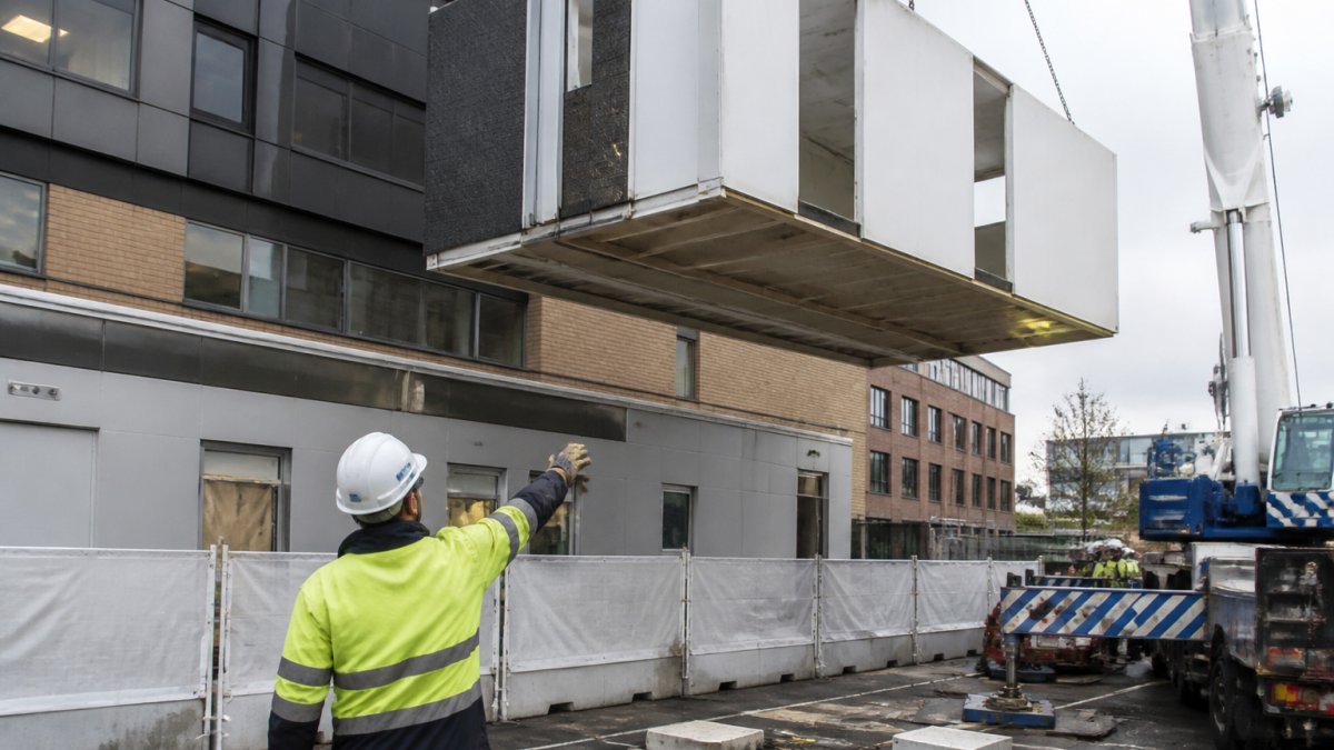 Construction crew installing modular units next to an active hospital building with safety barriers in place