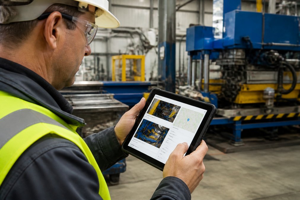 Manufacturing floor supervisor holding an Android tablet, reviewing geotagged field documentation with time-stamped photos and notes on screen, industrial equipment visible in background
