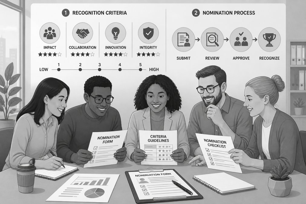 Diverse group of employees gathered around a table in a modern office setting, smiling and reviewing recognition nomination forms and criteria documents together