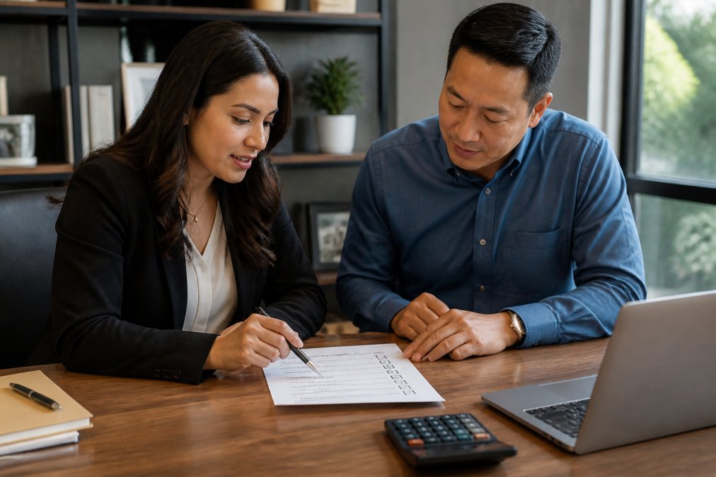 A business owner and financial advisor reviewing a printed tax planning checklist at a wooden desk with a laptop and calculator nearby