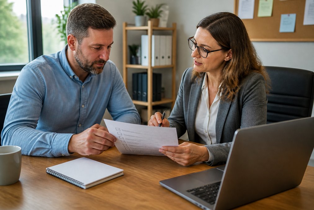 HR consultant and owner reviewing a recruitment checklist for RPO for SMEs process flowchart