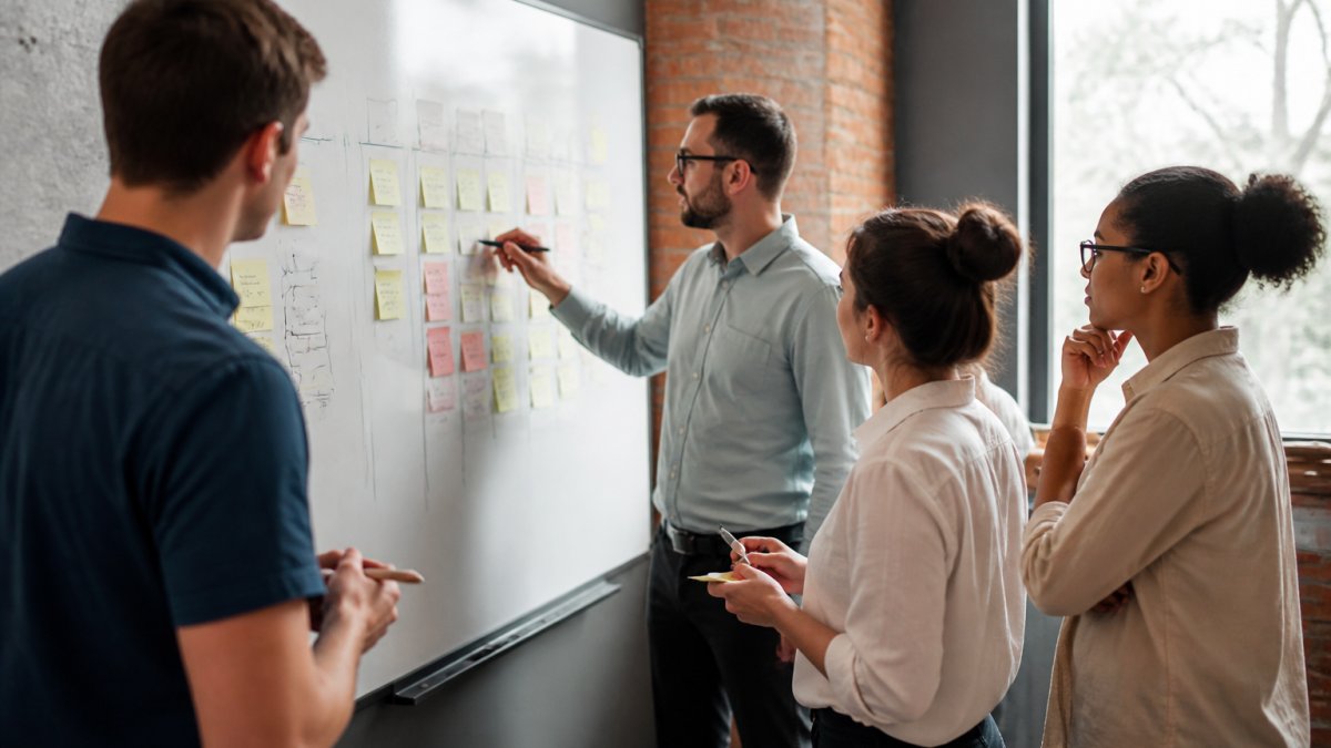 Sales team mapping out pipeline stages on a whiteboard for sales automation audit
