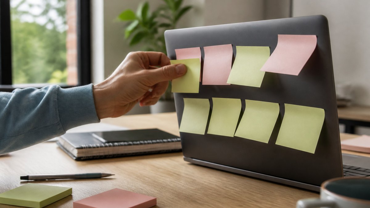 A person's hand writing a task on a sticky note and pressing it onto a laptop edge covered in similar notes, home office desk in soft daylight