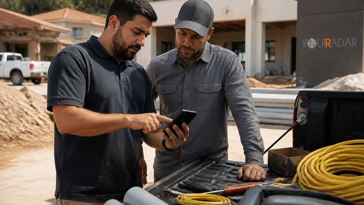 Dispatcher and field technician reviewing mobile workforce management app together on a job site, with the dispatcher pointing at the screen while the technician watches attentively, natural outdoor lighting