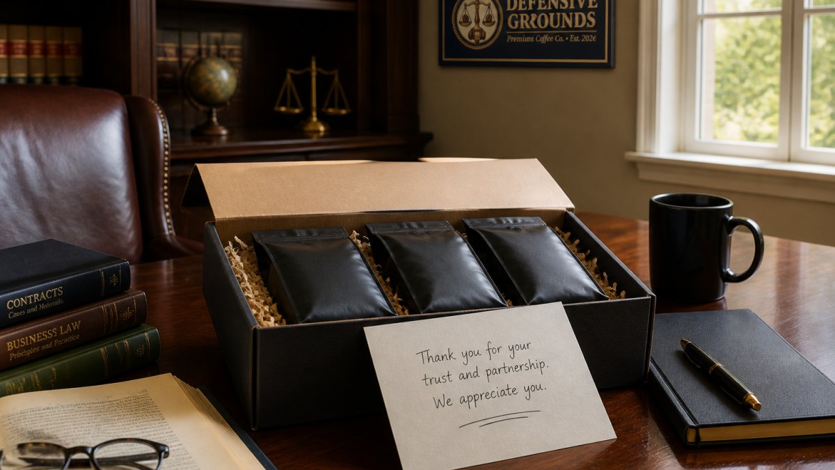 A close-up of a handsomely packaged coffee gift box with a handwritten note card resting on top, placed on a polished wooden desk in a law office, with warm natural light from a window