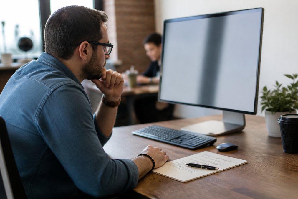 Professional marketer reviewing landing page analytics on desktop monitor in modern office with conversion optimization notes on notepad