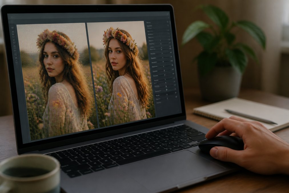 A close-up of a computer screen showing an AI-generated image being upscaled, with visible before-and-after panels and a person's hand on a mouse