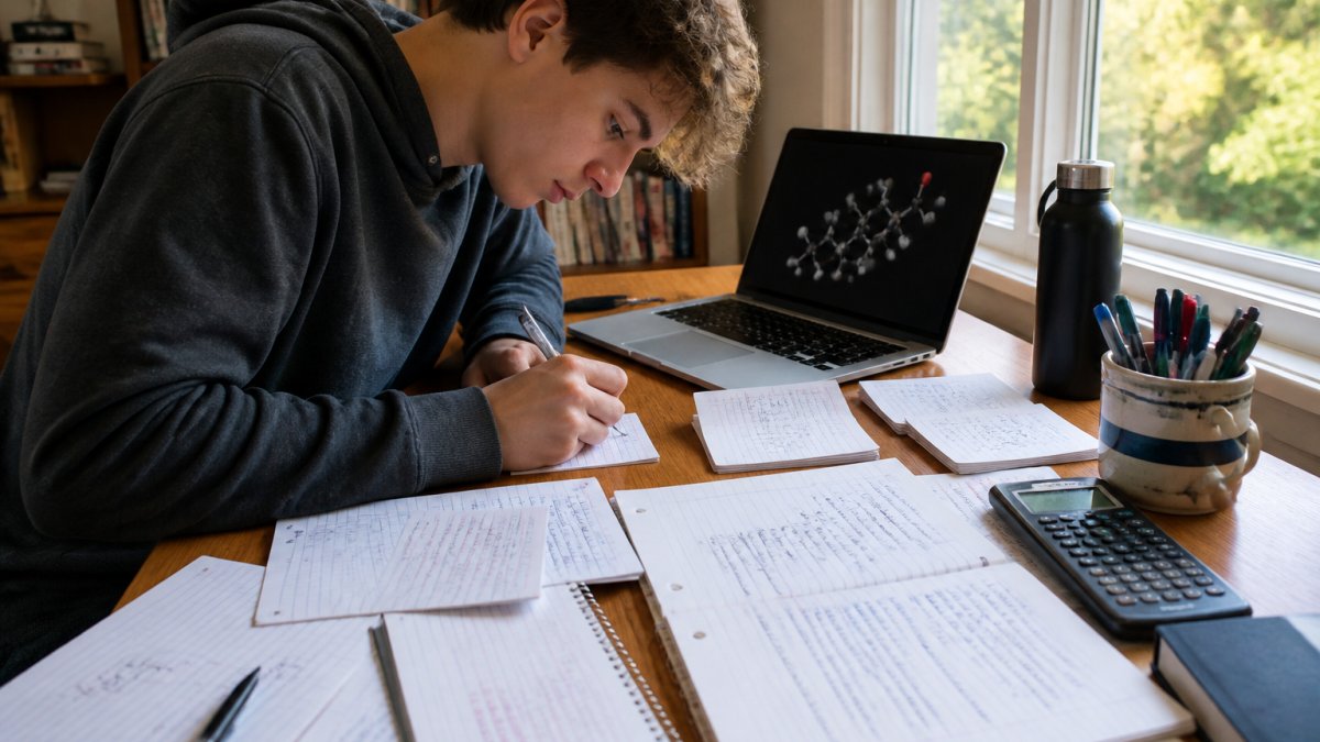 A high school student at a wooden desk covered with handwritten chemistry notes, index cards, and a laptop showing a molecular structure, studying in a bright room with afternoon light through the window