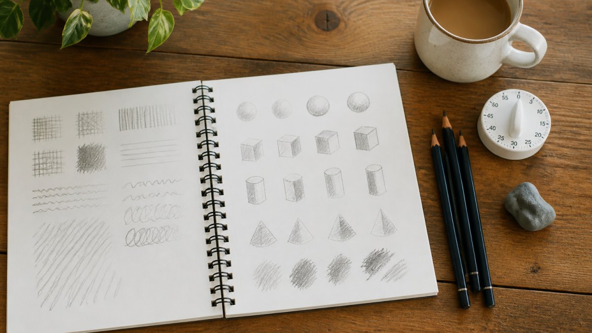 Flat lay of a sketchbook with pencil warm-up exercises, drawing tools, and a timer for daily practice sessions