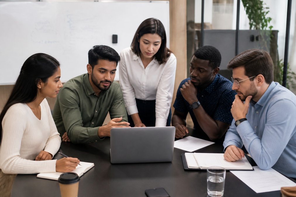 How to Improve B2B Lead Quality: 7 Steps | Brain Point Diverse sales and marketing team collaborating at a conference table, reviewing lead data on a laptop and whiteboard with strategy notes visible, natural office lighting