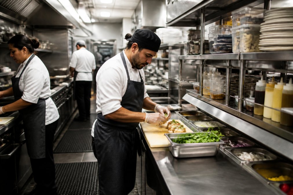 Professional kitchen staff working efficiently at prep stations during service, with clear organization, labeled containers, and coordinated movement between stations