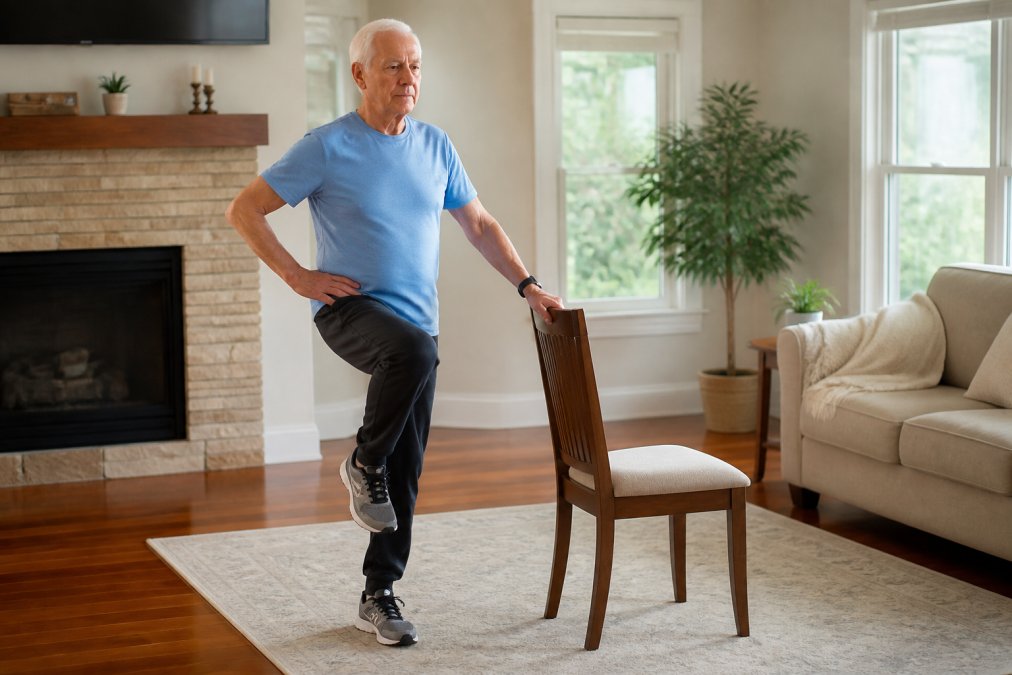 Senior adult demonstrating proper single-leg stance while holding onto a sturdy wooden chair for support, standing indoors with good posture and focused expression
