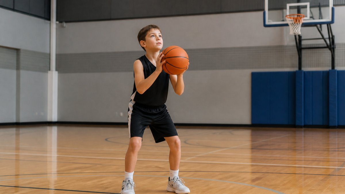 Young child in proper basketball shooting stance with feet shoulder-width apart, knees slightly bent, shoulders squared to basket, demonstrating correct body alignment and positioning for shooting form