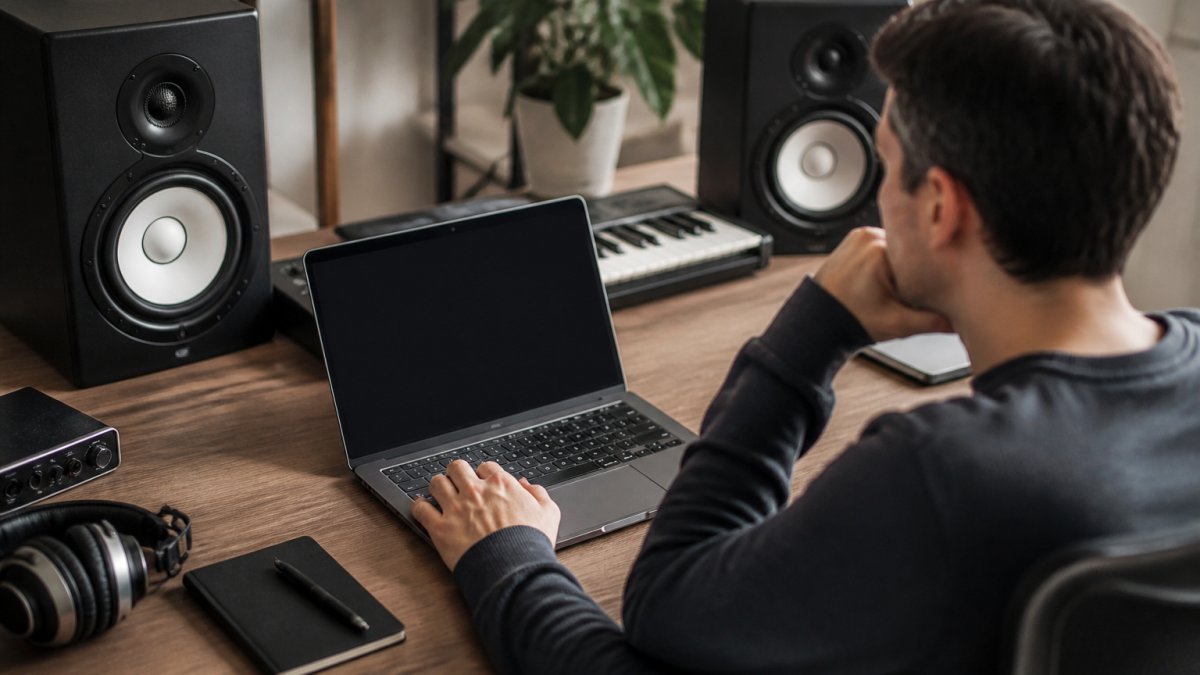 An independent music producer in a home studio reviewing release performance on a laptop, with studio monitors and a MIDI keyboard visible in the background