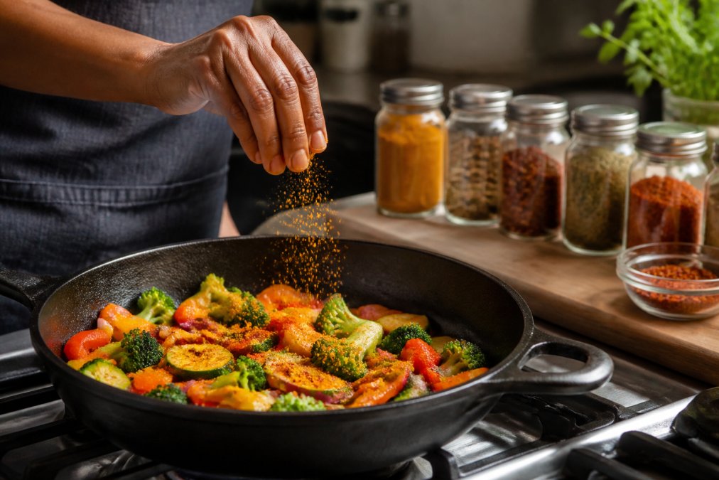 Close-up of a home cook's hands sprinkling a vibrant dry spice blend over a sizzling skillet of vegetables on a stovetop, with jars of colorful spice blends visible in the background
